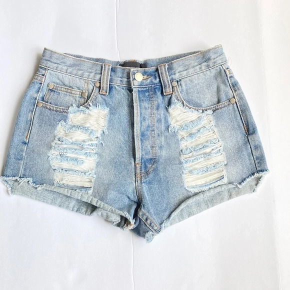 MinkPink High Waist Distressed Denim‎ Jean Shorts, Button-Fly, Size Medium - Picture 2 of 9